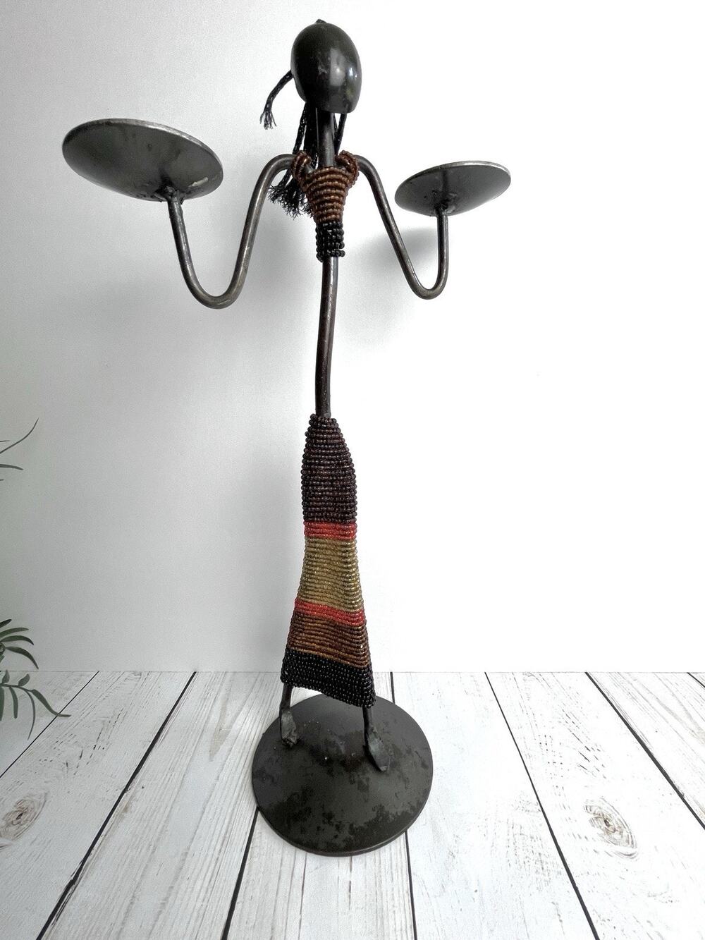 African Metal Beaded Candle Holder Sculpture Figurine Holds 2 Candles 15.5” Tall